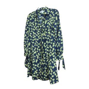 DEREK LAM Black Yellow Floral Pleated Button Down Silk Shirtdress Size 10